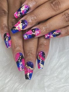 Pink, purple, black, and blue sparkle gold flecks coffin nails fun summer wild classy Nails Fun, Galaxy Nails, Blue Sparkle, Oil Spill, Gold Flecks, Blue Sparkles, Fun Summer, Purple Black, Coffin Nails