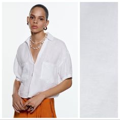 Nwt. Zara White 100% Linen Cropped Shirt With Lapel Collar, V-Neckline, Short Sleeves, Front Patch Pockets Front Button Closure. Size S. Ref. 2402/500. Pit To Pit 23" Flat, Shoulders 21", Sleeves 7", Length 19". 1012 Summer V-neck Workwear Shirt, Elegant V-neck Beach Shirt, Classic Summer Blouse For Beach, White Collared Blouse For The Beach, White Collared Blouse For Beach, Chic Tops With Johnny Collar And Button Closure, Elegant Summer Tops With Johnny Collar, Chic Johnny Collar Top With Button Closure, Zara Collared Summer Tops