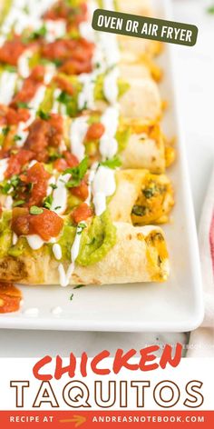 chicken taquitos on a white plate with text overlay