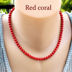 Discover the alluring charm of our Red Coral Bead Choker Necklace, a stylish Coral Necklace meticulously handcrafted with utmost care. This versatile necklace is designed for women, adding a touch of natural beauty and sophistication to any outfit. Materials:     Coral Beads: Our necklace features about 6mm coral beads, each carefully selected for their vibrant red hue and unique patterns. Coral is known for its soothing and protective properties, making this piece not only fashionable but also 8mm Bead Necklaces For Gift, Elegant Red Beaded Necklace With Lobster Clasp, Red Coral Jewelry With 8mm Beads, Red Necklaces With 8mm Beads For Jewelry Making, Red 8mm Bead Necklace, Gift Red Coral Necklaces With 8mm Beads, Red Crystal Necklaces With Gemstone Beads, Red Crystal Necklace With Gemstone Beads, Colorful Beads Red Coral Necklace Gift