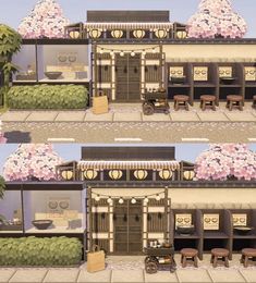 the screenshot shows two different views of a small building with lots of flowers on it