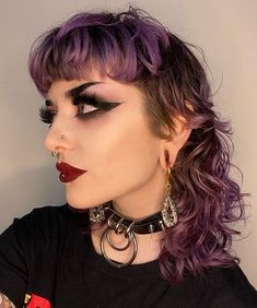 Curly Punk Hair For Women, Curly Punk Hairstyles, Purple Hair Mullet, Mullets For Women, Curly Punk Hair, Purple Mullet, Cute Bandana Hairstyles, Punk Haircut, Hairstyle 2023