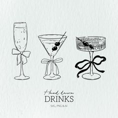 three martini glasses with ribbons tied around them and the words happy hour drinks written in black ink