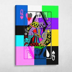 a colorful playing card with the queen of spades on it