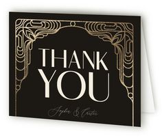 a black and gold wedding thank card with the words thank you in white on it