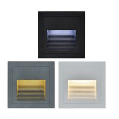 three square recessed lights in different colors