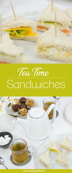 tea time sandwiches on a plate with cups and saucers