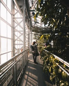 a woman walking down a walkway in a greenhouse