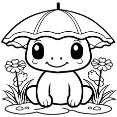 a cute little turtle with an umbrella sitting on the ground in front of some flowers