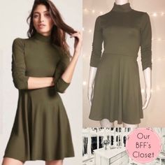 Nwot Size Small Ruched 3/4 Sleeve Mock Neck Knit Skater Dress. Pretty Olive Green Color. Stretchy Material. 92% Polyester, 8% Spandex/Elastane. Hand Wash Cold. Tag Is M.I.A. :( But The Dress Is Actually Still New/Unworn. No Damage. Casual Fit And Flare Mini Dress For Winter, Casual Winter Fit And Flare Mini Dress, Winter Casual Fit And Flare Mini Dress, Fitted Dress With 3/4 Sleeves For Winter, Casual Winter Dress With 3/4 Sleeves, Stretch Dresses With 3/4 Sleeve For Fall, Fitted Mini Dress With 3/4 Sleeves For Fall, Stretch Dress With 3/4 Sleeves For Fall, Fall Dresses With 3/4 Sleeves In Stretch Material