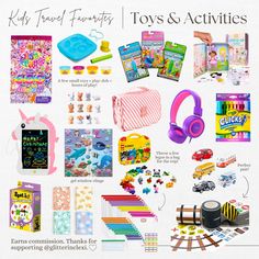 various toys and activities are displayed on a white background with the words, toys & activities