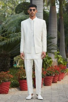 Shop for Bohame Off White Nirvana Chikankari Embroidered Achkan Jacket Set for Men Online at Aza Fashions Traditional White Long Sleeve Suit, White Long Sleeve Suit For Eid, White Nehru Jacket With Chikankari Embroidery For Groom, White Zari Work Outerwear For Eid, Festive White Long Sleeve Suit, Fitted Off White Sherwani With Chikankari Embroidery, White Nehru Jacket With Chikankari Embroidery, Festive White Chikankari Embroidery Outerwear, White Festive Outerwear For Eid