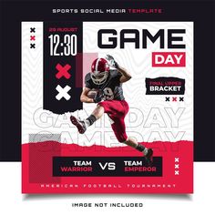 a football game flyer with a player in the air