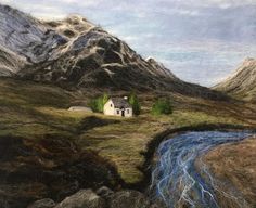 a painting of a house on the side of a mountain with a stream running through it