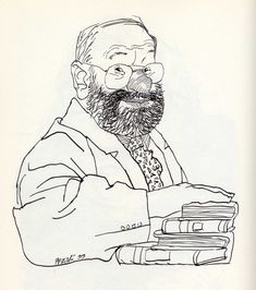 a black and white drawing of a man with glasses sitting in front of some books