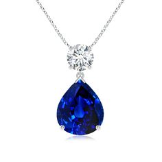 Solitaire Pear Blue Sapphire Drop Pendant with Diamond Accent Blue Pear-shaped Necklace For Formal Occasions, Classic Blue Pear-shaped Necklace, Classic Blue Teardrop Necklace, Blue Sapphire Pendant, Sparkling Diamond, Drop Pendant, Sparkle Diamonds, Lab Diamonds, Pear Shaped