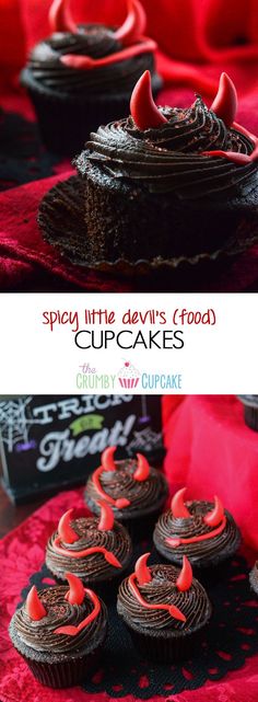 chocolate cupcakes with red icing and sprinkled devil's blood on top