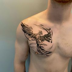 a man with a bird tattoo on his chest