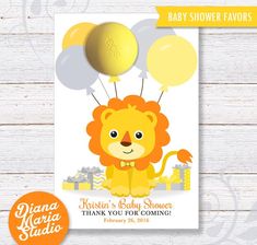 a yellow lion birthday card with balloons on the front and an orange balloon in the back