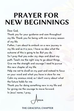 a prayer card with the words prayer for new beginnings