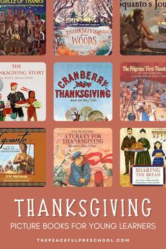 the thanksgiving books for young learners are shown in this image with text overlay