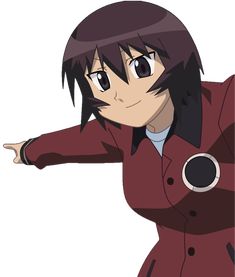 an anime character in a red coat pointing at something with one hand and the other arm outstretched