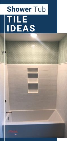 a white bath tub sitting inside of a bathroom next to a shower head and shelf