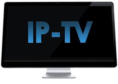 a computer monitor with the word ip - tv on it's screen and blue letters