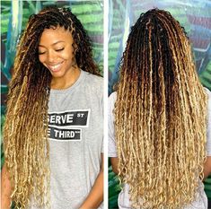 Blonde Faux Locs Styles Goddess, Different Faux Locs, Box Braids Ombre Hair, Goddess Faux Locs Blonde, Blonde Goddess Locs, Island Locs, Faux Locs Blonde, Goddess Faux Locs, Blonde Box Braids