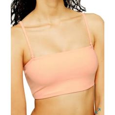 New With Tags Topshop Velour Bandeau Bikini Top In Peach Textured In Soft Velour, This Shapely Bandeau Top Comes With Slinky Adjustable Straps For A Comfy And Retro-Chic Poolside Look. 6 1/2" Center Front Length (Size 8), Lined, Square Neck, Adjustable Removable Shoulder Straps. Feels Like Soft Terry Cloth Material Size Us 8 Seamless Trendy Tube Top For The Beach, Trendy Seamless Tube Top For Beach, Pink Seamless Tube Top, Pink Strapless Crop Top For Vacation, Strapless Pink Crop Top For Vacation, Pink Seamless Strapless Tube Top, Adjustable Straps Tube Top For Beach Season, Beachwear Bra-friendly Tube Top, Orange Bandeau Tube Top