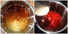 two pictures side by side showing the process of making chili condiments in an instant pot