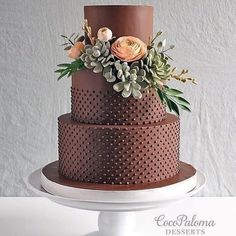 a three tiered chocolate cake with succulents and flowers