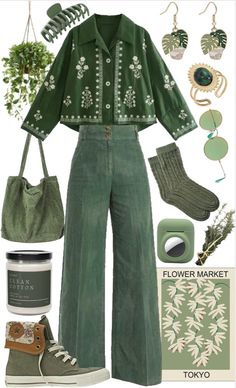 Green Floral Outfit, Light Green Outfit Ideas, Green Accent Outfits, Business Casual Cottagecore, Fashion Inspo Outfits 2024 Spring, Green Cottagecore Outfit, Spring Cottagecore Outfits, Casual Cottagecore Outfits, Green Aesthetic Outfit