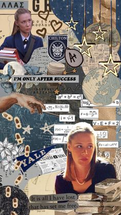 the collage has many different pictures and words on it, including an image of a woman's face