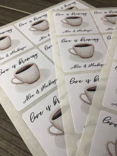 six coffee cup stickers with the names of different types of coffee cups on them