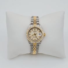 Women's Rolex 26mm DateJust 18K Gold / Two-Tone Stainless Steel Watch, with Beige Diamond Dial, and Diamond Bezel. Includes Mahogany Box and In-House Certificate.. Pre-Owned SN# ******* Brand: Rolex. Crystal: Sapphire. Gender: Women's. Dial Color: Beige. Movement: Self-Winding. Case Dimensions: 26mm. Metal Type: Stainless Steel and 18K Yellow Gold. Bracelet / Strap: Original Jubilee 18K Gold / Stainless Steel. Box / Certification: Mahogany Box / In-House Certificate. Warranty: 1 Year Limited War Rolex 26mm, Zenith Watches, Rolex Watches Women, Chanel Watch, Rolex Women, Breitling Watches, White Gold Sapphire, Womens Wedding Bands, Custom Jewelry Design