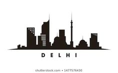 the skyline of delhi, india is shown in black and white with an inscription that reads delhi