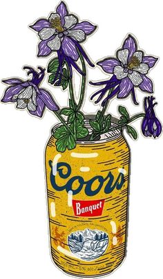 purple flowers in a yellow jar with goo's banquet sticker