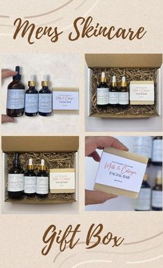 the men's skin care gift box is open and has four bottles in it