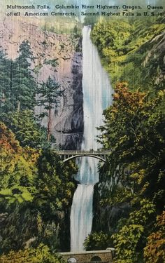 a painting of a waterfall with a bridge over it