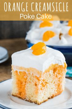 a slice of orange creamsicle poke cake on a plate