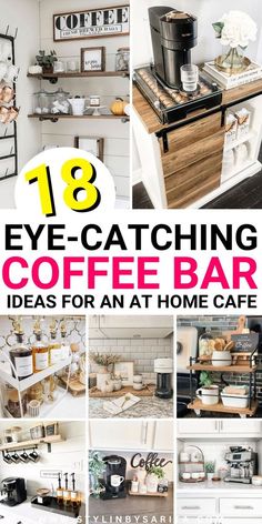 Looking for the best coffee bar ideas to start the morning right? Here are 18 of the most gorgeous and practical coffee station ideas. Office Desk Coffee Bar, Kitchen Coffee And Tea Station, Coffee Bar For Apartment, Drinking Station Home, How To Display Coffee Syrups, Modern Office Coffee Station Ideas, Home Bar Decoration Ideas, Items For Coffee Bar, Organizing Coffee Station