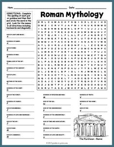 the roman mythology word search is shown in this printable worksheet for kids