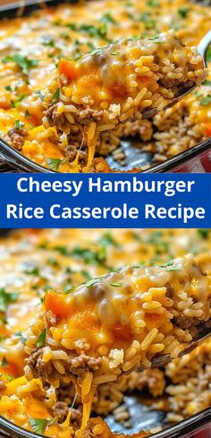 cheesy hamburger rice casserole recipe with ground beef and cheese on top