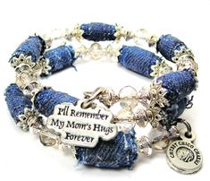 Bereavement, Loss, In Remembrance, In Memory Of, Mother Trendy Handmade Blue Wrap Bracelet, Blue Denim Jewelry As Gift, Denim Jeans Ideas, Denim Bracelet, Bead Wrap Bracelet, Fabric Crafts Diy, Blue Jeans Crafts, Jean Crafts, Denim Ideas