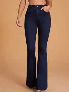 High Waist Flare Leg Jeans | EMERY ROSE Buy Jeans, Jacket Outfit, Bodycon Dress Parties, Flare Leg Jeans, Jeans Online, Dress Cuts, Jeans Flare, Blue Denim Jeans, High Jeans