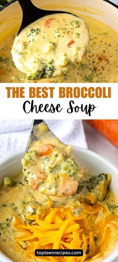 broccoli cheese soup in a white bowl with a spoon