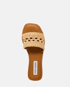 BREEZY + RELAXED + NATURAL MAUI is an easy flat slide with a square toe and a crocheted raffia strap for a touch of texture. Square toe flat slide sandal Slip-on style Crocheted raffia strap .75 inch heel height Vegan leather upper material Vegan leather lining Synthetic sole Imported Beach Woven Leather Flat Slides, Summer Vacation Sandals With Open Weave, Summer Woven Slides, Adjustable Flat Slides With Woven Sole, Flat Woven Leather Slides For Spring, Beige Flat Slides With Woven Sole, Woven Synthetic Slides, Summer Woven Leather Flat Slides, Woven Slip-on Slides