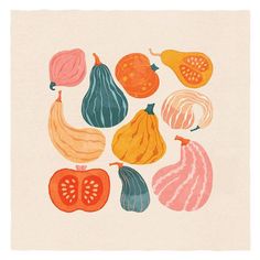 an illustration of different fruits and vegetables on a piece of paper with watercolor paint