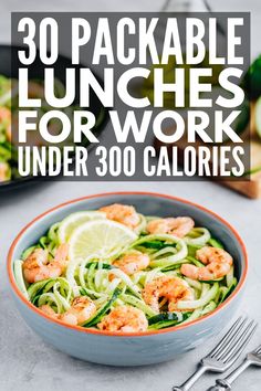 a bowl filled with zucchini noodles and shrimp next to a plate of vegetables